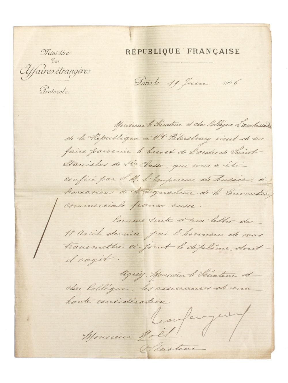 1st class  Order  of Saint Stanislaus  awarded in 1906 to Senator Ernest Noël.jpg
