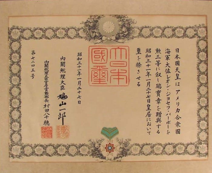 3rd class order of Sacred Treasure issued in 1956.jpg