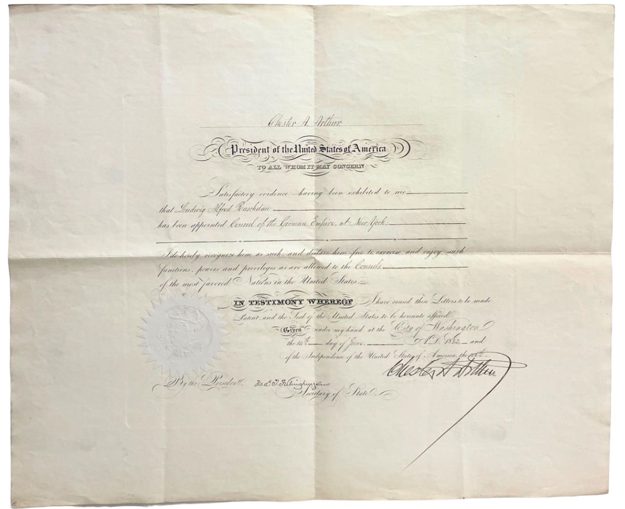 Certificate of appointment as consul of the  German Empire in New York.jpg