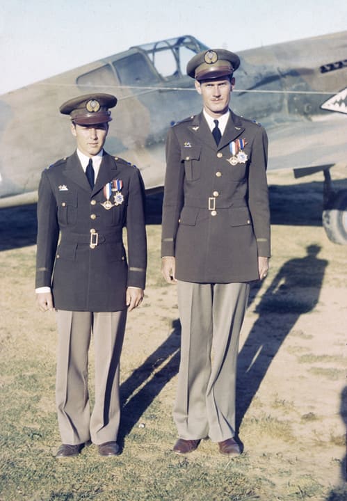 Chuck Older and R.T. Smith in front of a P-40 Tomahawk at Yunnanyi, China..jpg