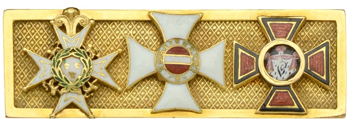 Gold bar with miniaturesof the Orders of the Bath, Maria Theresa, and St. Vladimir.jpg