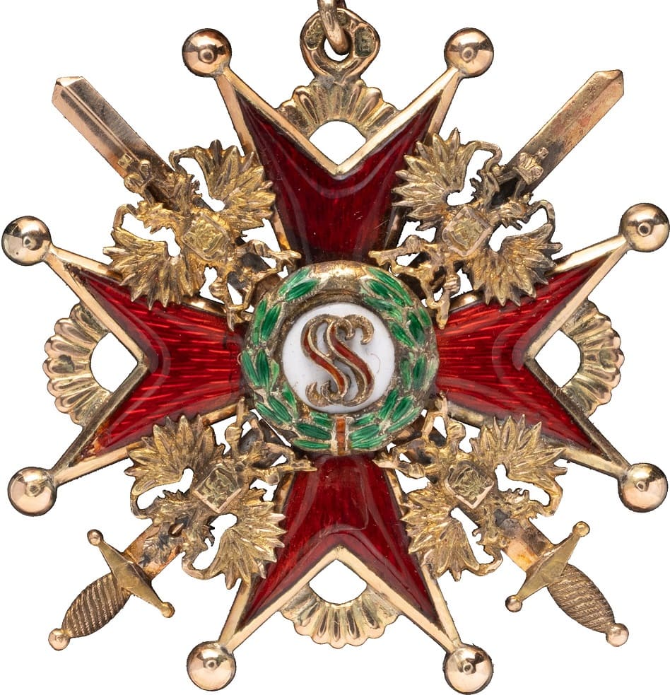 Знак ордена Святого  Станислава 3-й степени с мечами клеймо ПС.jpg